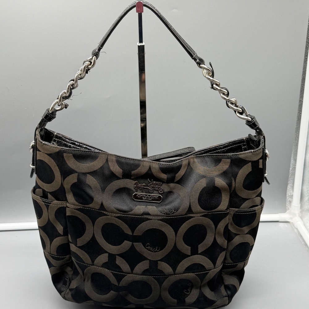 Y2K Coach Madison Signature C Black Jacquard‎ Patent Leather Hobo Bag 14127